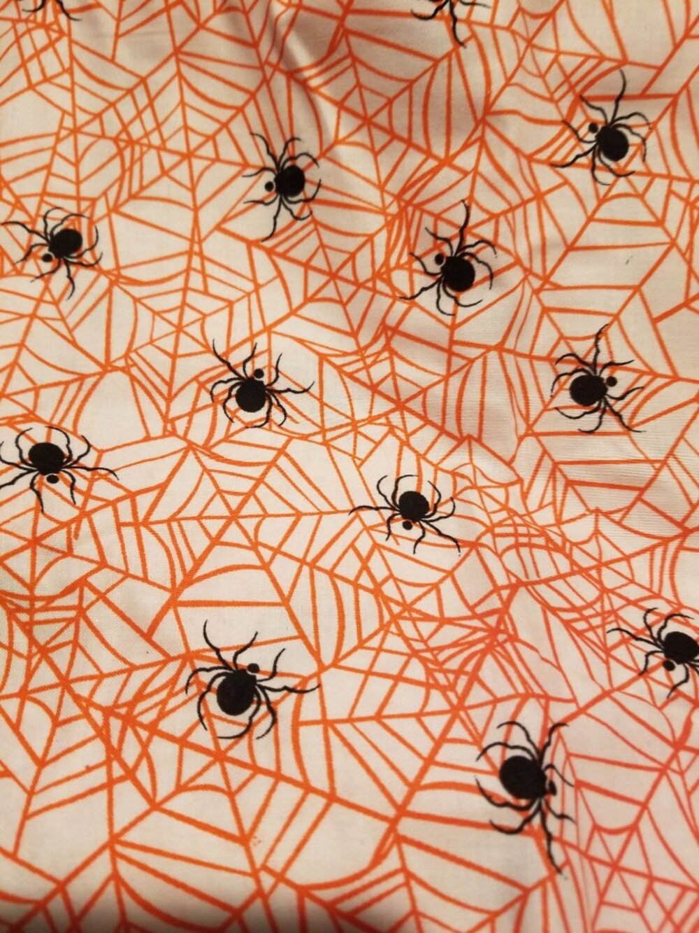 Material Cotton White Fabric Black Spiders  Orange Cobwebs 36" x  44" Cotton JoA